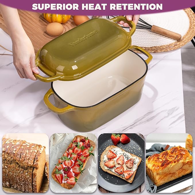 4.6-Quart Oval Dutch Oven for Bread Baking, 2 in 1 Cast Iron Bread Pan with Lid, Sourdough Bread Dutch Oven for a Crispy Crust, Olive