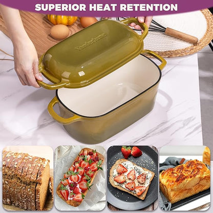 4.6-Quart Oval Dutch Oven for Bread Baking, 2 in 1 Cast Iron Bread Pan with Lid, Sourdough Bread Dutch Oven for a Crispy Crust, Olive