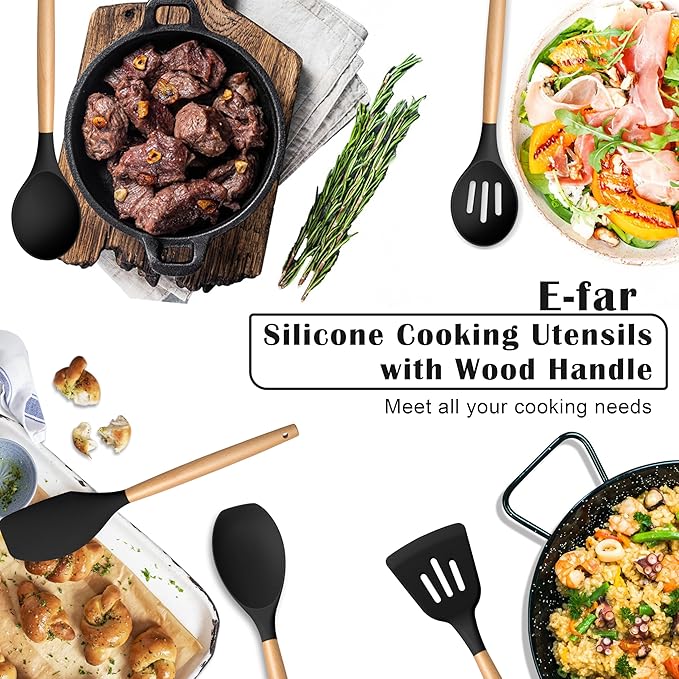 E-far Silicone Cooking Utensils Set, 5-Piece Black Kitchen Utensils Set with Wooden Handle for Cooking, Silicone Kitchen Nonstick Tools Spatula Turner Slotted Spoons, Nontoxic & Heat Resistant-Black - Image 6