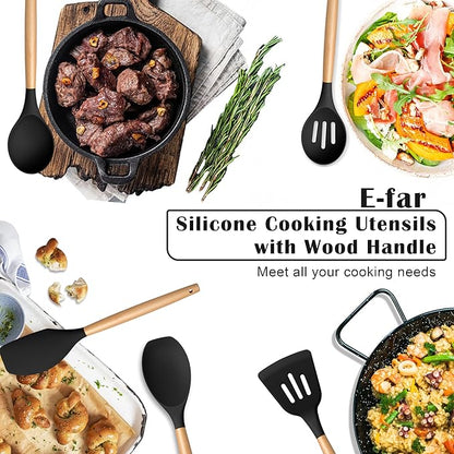 E-far Silicone Cooking Utensils Set, 5-Piece Black Kitchen Utensils Set with Wooden Handle for Cooking, Silicone Kitchen Nonstick Tools Spatula Turner Slotted Spoons, Nontoxic & Heat Resistant-Black - Image 6