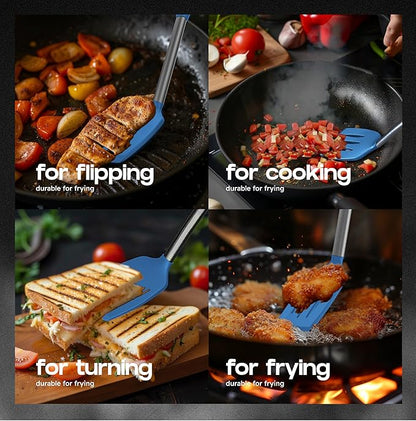 BakeRoyal Silicone Spatula Set - Turner Spatulas Silicone Heat Resistant 600°F - Slotted & Solid Spatula for Cooking Fish, Eggs, Pancakes Flipper – Spatulas for kitchen use – Blue - Image 3
