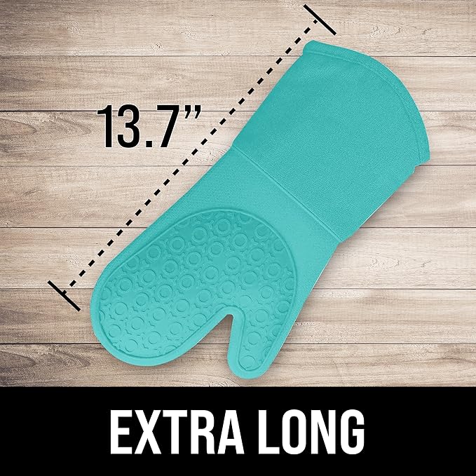 BPA-Free Soft Silicone Oven Mitts - Ultra Heat Resistant Oven Mitts with Thick Cotton Liner - Long Slip Resistant Pot Holders, Flexible Oven Gloves - Turquoise 13.7" - Image 2