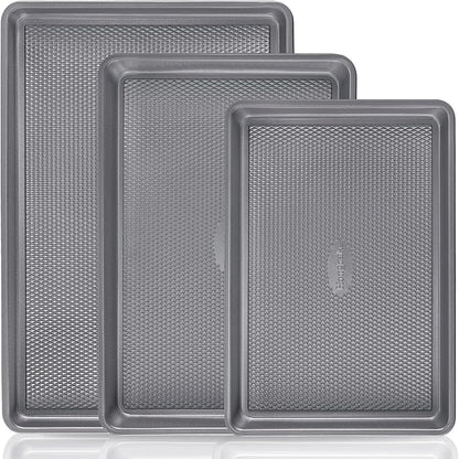 HONGBAKE 3 Pack Nonstick Ceramic Baking Sheet Pan Set for Oven, Non-Toxic Half/Quarter/Jelly Roll Pans with Diamond Texture, 0.8mm Aluminized Steel Cookie Trays for Cooking, Charcoal Gray by HONGBAKE