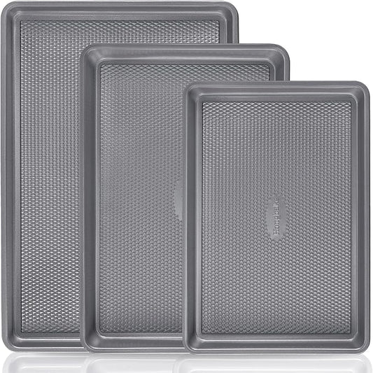 HONGBAKE 3 Pack Nonstick Ceramic Baking Sheet Pan Set for Oven, Non-Toxic Half/Quarter/Jelly Roll Pans with Diamond Texture, 0.8mm Aluminized Steel Cookie Trays for Cooking, Charcoal Gray by HONGBAKE