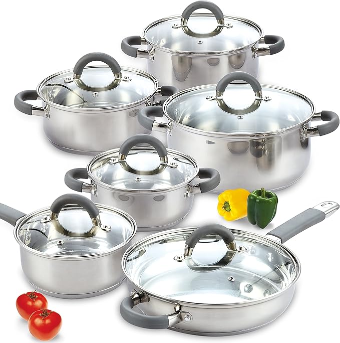 Cook N Home Stainless Steel Cookware Sets, 3-Ply 12 Pcs Pots and Pans Set with Stay-Cool Handle, Non-Toxic, Induction-Ready, Dishwasher & Oven Safe, Combatible w/ All Cooktops by CookNHome
