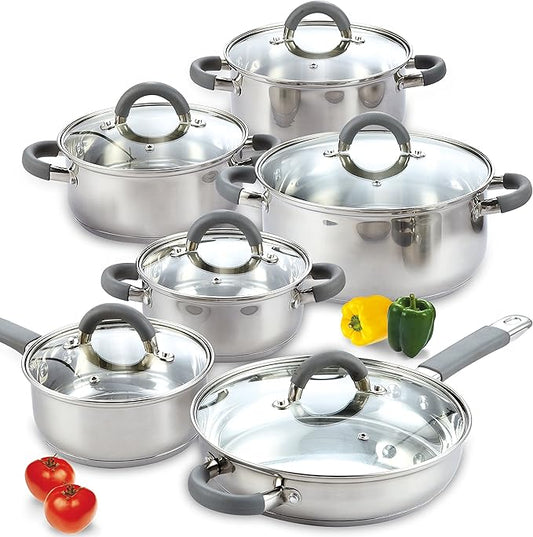 Cook N Home Stainless Steel Cookware Sets, 3-Ply 12 Pcs Pots and Pans Set with Stay-Cool Handle, Non-Toxic, Induction-Ready, Dishwasher & Oven Safe, Combatible w/ All Cooktops by CookNHome
