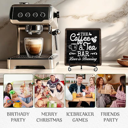 Coffee Bar Sign, Love is Brewing Farmhouse Tabletop Decor, Coffee and Tea Lover Gifts, 5x5 Wood Plaque with Iron Stand for Home Kitchen Cafe, Coffee Bar Decor – L05 - Image 5