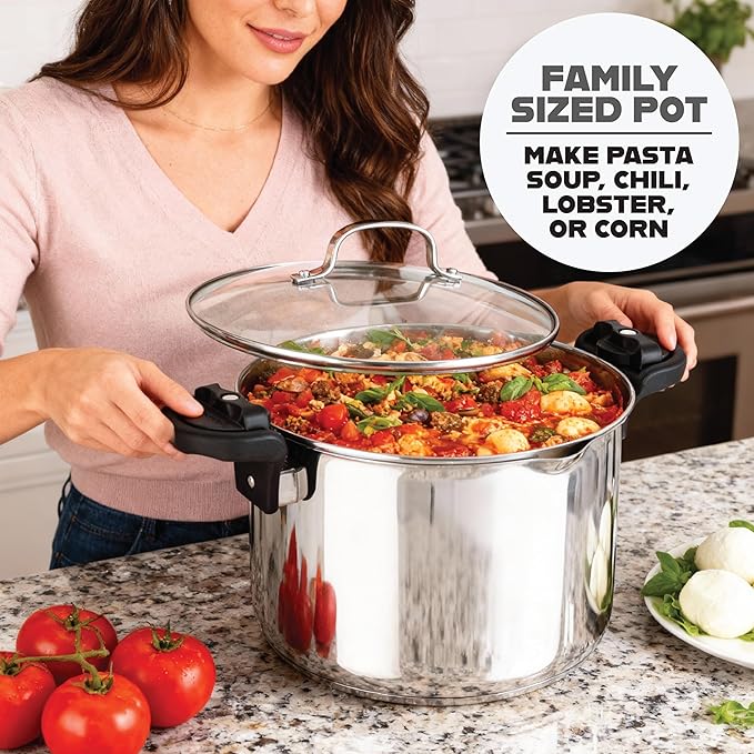 GOTHAM STEEL 8 Qt Nonstick Pasta Pot with Strainer Lid, Stainless Steel Stock Pot, Twist & Lock Handles, 2 Strainer Sizes, PFOA Free, for Soup & Spaghetti, Induction Ready, Oven & Dishwasher Safe - Image 8