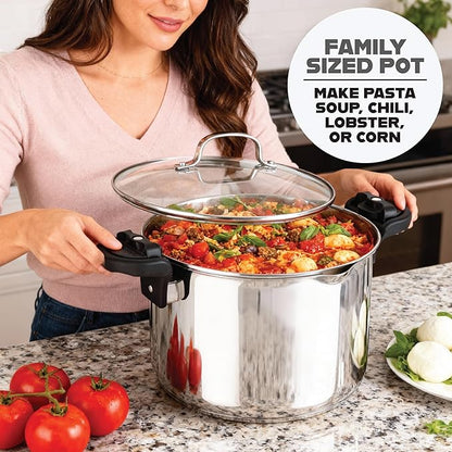 GOTHAM STEEL 8 Qt Nonstick Pasta Pot with Strainer Lid, Stainless Steel Stock Pot, Twist & Lock Handles, 2 Strainer Sizes, PFOA Free, for Soup & Spaghetti, Induction Ready, Oven & Dishwasher Safe - Image 8