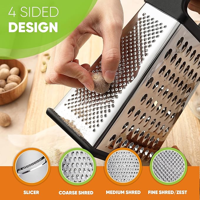 Spring Chef Professional Cheese Grater - Stainless Steel, XL Size, 4 Sides - Perfect Box Grater for Parmesan Cheese, Vegetables, Ginger - Dishwasher Safe - Black - Image 6