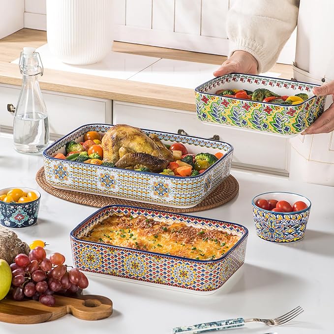 Casserole Dishes for Oven, Ceramic Baking Dishes Set of 3, Rectangular Lasagna Pans, Ceramic Bakeware Set for Baking, Roasting and Serving - Boho Style - Image 6