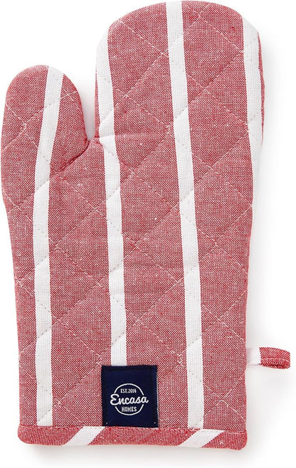 Encasa XO Long 12"x7" Oven Microwave Hand Gloves Mitts (2 pc Set) for Kitchen Cooking & Baking - Heat Resistant, Thick & Safe, Protection of Hands from Hot Utensils - Roma Red Stripes