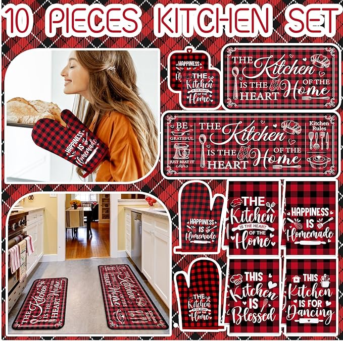 Fourluoo 10 Pcs Farmhouse Kitchen Decor and Accessories Set 4 Kitchen Towels 2 Pot Holders 2 Oven Mitts 2 Rugs for Cooking Baking Mom Housewarming Gifts(Red White,Classic Style) - Image 2