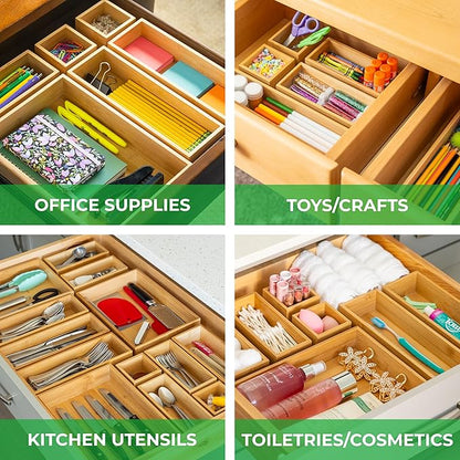 Grow Forward Bamboo Drawer Organizer Boxes - Set of 7 Wooden Drawer Organizers for Kitchen, Bathroom, Office, Desk, Vanity, Makeup - Non-Slip Junk Drawer Organizer Trays for Storage and Organization - Image 2