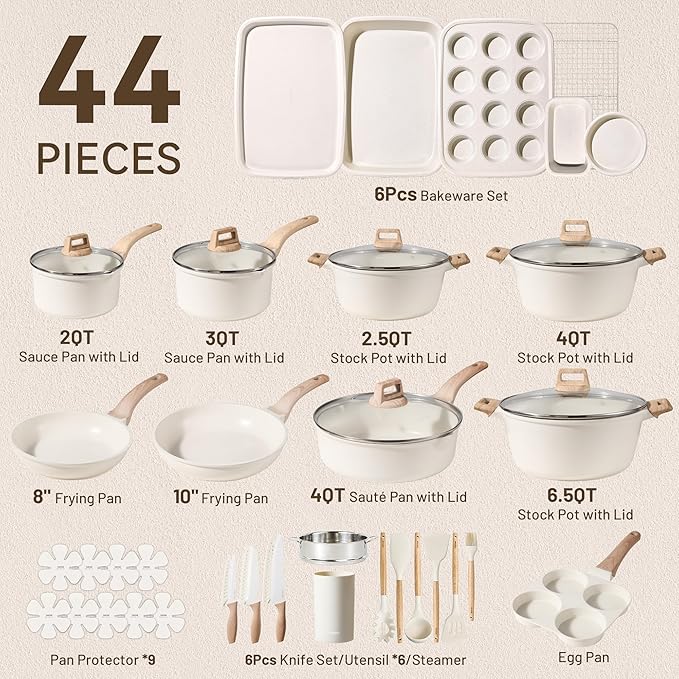 CAROTE 44pcs Pots and Pan Set Nonstick, Cookware Sets, Cooking Set Non Stick, Induction Cook Ware with Bakeware Set, Kitchen Knife Set - Image 2