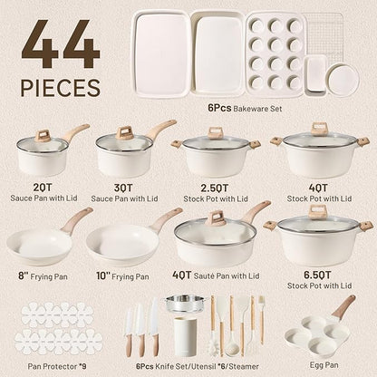 CAROTE 44pcs Pots and Pan Set Nonstick, Cookware Sets, Cooking Set Non Stick, Induction Cook Ware with Bakeware Set, Kitchen Knife Set - Image 2