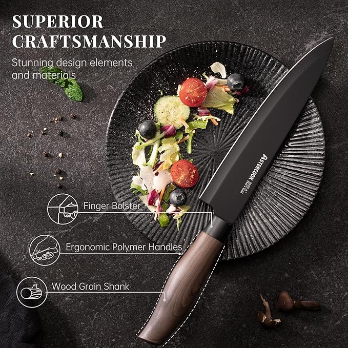 Astercook Knife Set, 6-Piece Kitchen Knife Set with Block, High Carbon Stainless Steel Ultra Sharp Kitchen Knives, Wood Grain Handle, Dishwasher Safe Knife Block Set, Black, Mothers Day Gifts - Image 5