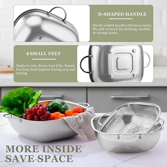 E-far 6QT Stainless Steel Colander with Handle - Square Metal Kitchen Strainer for Pasta & Vegetable Draining, Micro-Perforated & Elevated Feet, Dishwasher Safe - Image 5
