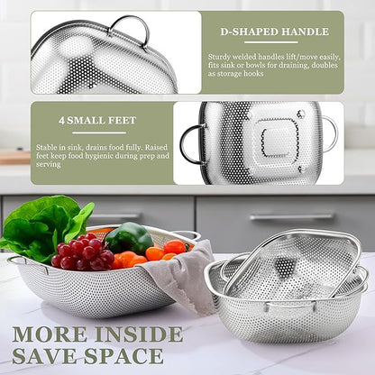 E-far 6QT Stainless Steel Colander with Handle - Square Metal Kitchen Strainer for Pasta & Vegetable Draining, Micro-Perforated & Elevated Feet, Dishwasher Safe - Image 5