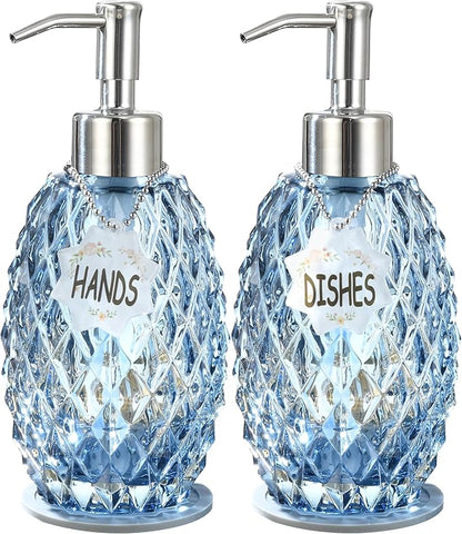 MALACHI Soap Dispenser Set, Crystal-Textured Diamond Glass with Rustproof Stainless Steel Pump, Dual-Labelled Hand & Dish Soap Dispenser for Kitchen & Bathroom