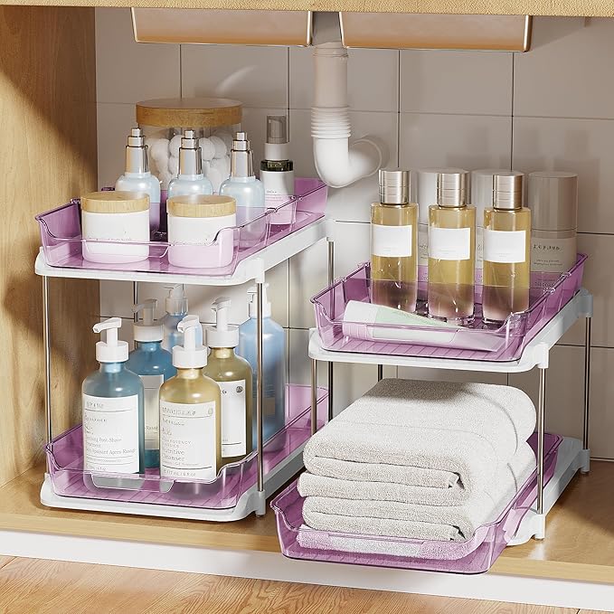 Delamu 2-Tier Multi-Purpose Bathroom Under Sink Organizers and Storage, Stackable Kitchen Pantry Organization, Pull Out Medicine Cabinet Organizer with Movable Dividers, Purple, 2 Pack - Image 7