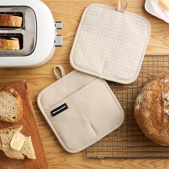KITCHENAID Gourmet Series Gridlines Pot Holders 2-Pack Set, Heat Resistant up to 600°F, Soft Silicone Grip, Magnetic Cuff, Milkshake Tan, 8"x8" - Image 2