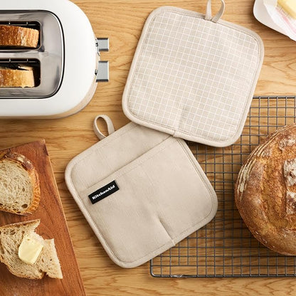 KITCHENAID Gourmet Series Gridlines Pot Holders 2-Pack Set, Heat Resistant up to 600°F, Soft Silicone Grip, Magnetic Cuff, Milkshake Tan, 8"x8" - Image 2