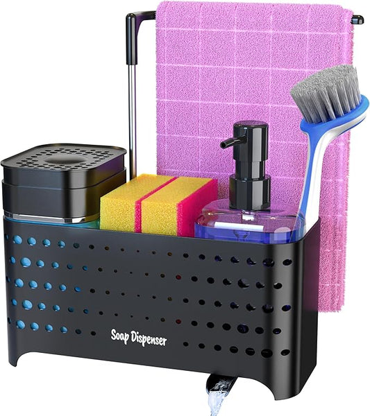 YAN & HIN Dish Soap Dispenser Set with Sponge Holder for Kitchen Sink, 5-in-1 Sink Caddy Organizer with Drain Tray, Brush Holder & Towel Rack, Space Saving Kitchen Counter Organizer