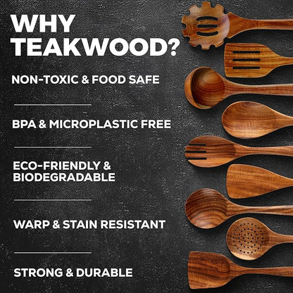 Zulay Kitchen 9-Piece Teak Wood Cooking Utensil Set – Non-Toxic & Non-Stick Safe Wooden Spoons & Kitchen Tools with Comfortable Grip, Smooth Finish Natural Teak – Perfect Kitchen Gift Set - Image 4