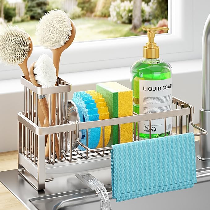 HapiRm Sponge Holder for Kitchen Sink - Self-draining Sink Caddy with Brush Holder and Dishcloth Holder, Stainless Steel Kitchen Organizer for Countertop - Brushed Nickel by HapiRm