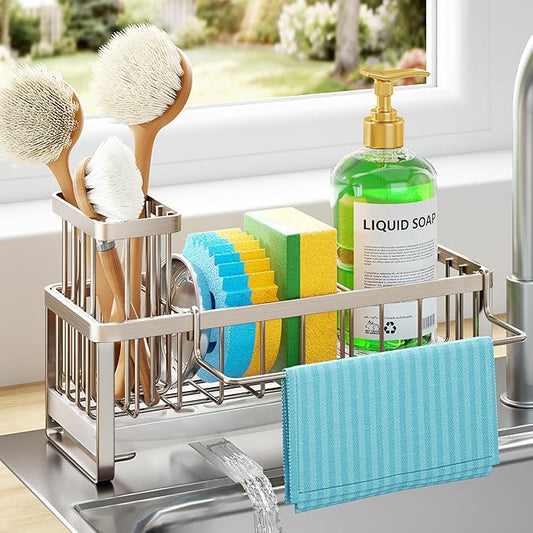 HapiRm Sponge Holder for Kitchen Sink - Self-draining Sink Caddy with Brush Holder and Dishcloth Holder, Stainless Steel Kitchen Organizer for Countertop - Brushed Nickel by HapiRm