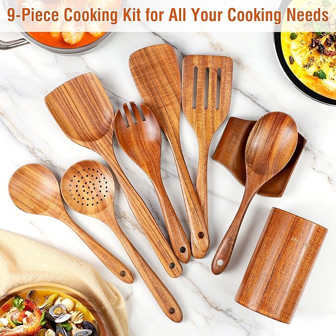 Mooues Wooden Spoons for Cooking, Wooden Utensils for Cooking Natural Teak Wooden Kitchen Utensils Set Comfort Grip(9 PCS SET GIFT BOX) - Image 7