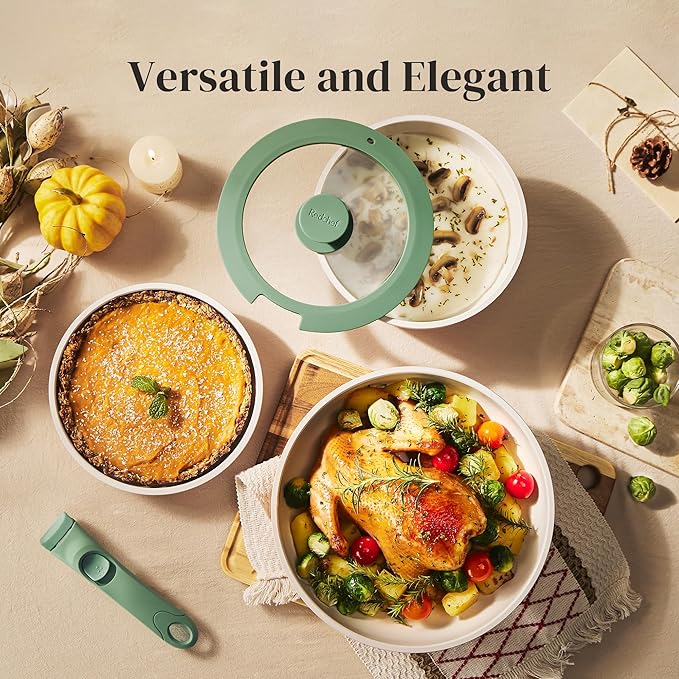 Redchef Ceramic Cookware Set, Removable Handle Pots and Pans Non-Stick, Rv Cookware Set, Non-Toxic Pots and Pans Set No PFAS, PTFE, PFOA, Detachable Pots and Pans, Dishwasher & Oven Safe (Green) - Image 4