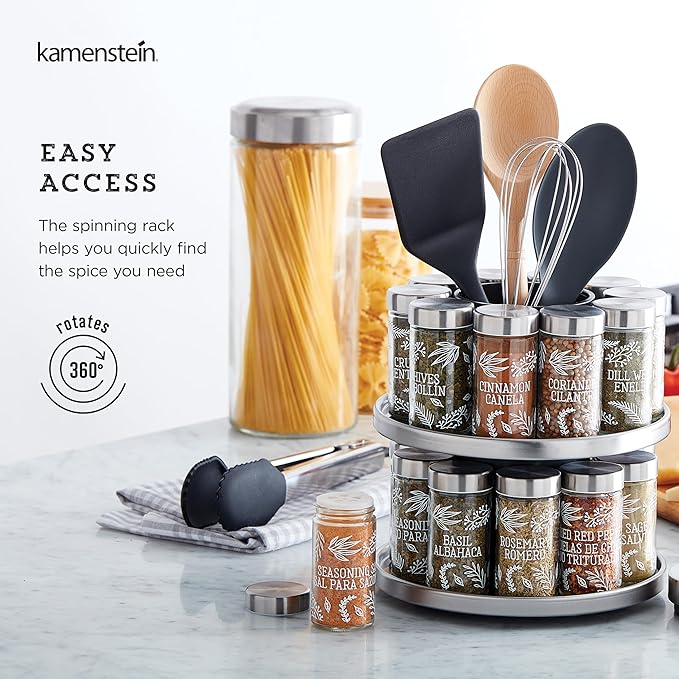 Kamenstein 20 Jar Revolving Spice Rack with Integrated Tool Caddy, Brushed Stainless Steel with Stainless Steel Caps - Image 4