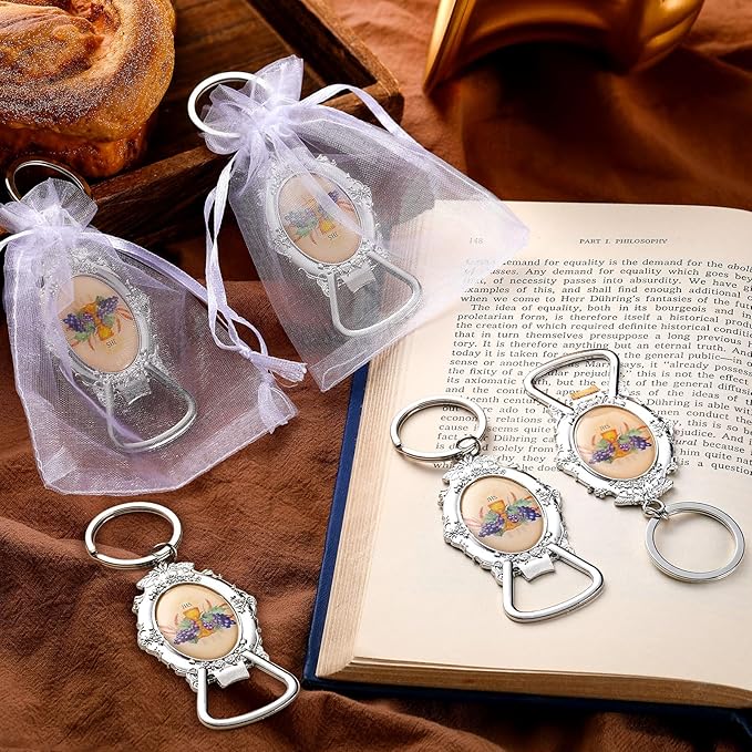 Misdary 12 Pcs First Communion Bottle Opener Keychain Catholic Bottle Opener with Organza Baptism Party Favor for Guest