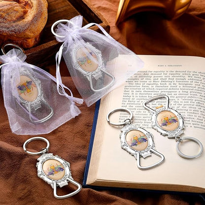 Misdary 12 Pcs First Communion Bottle Opener Keychain Catholic Bottle Opener with Organza Baptism Party Favor for Guest