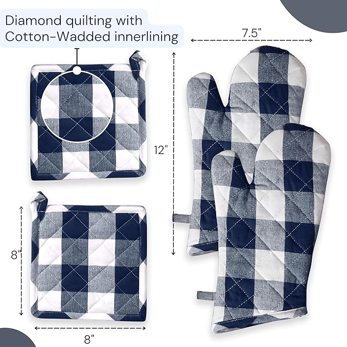 Oven Mitt & Pot Holder Buffalo Plaid Check 100% Cotton Heat Resistant Oven Gloves (7"x13") & Hot Pads (8"x8") Combo for Baking, Cooking - Navy