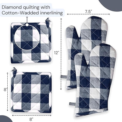 Oven Mitt & Pot Holder Buffalo Plaid Check 100% Cotton Heat Resistant Oven Gloves (7"x13") & Hot Pads (8"x8") Combo for Baking, Cooking - Navy