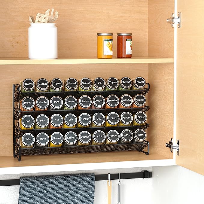 SpaceAid Spice Rack Organizer with 36 Spice Jars, 386 Spice Labels, Chalk Marker and Funnel Set for Cabinet, Countertop, Pantry, Cupboard or Door & Wall Mount - 36 Jars, 17.2" W × 10.8" H, Black - Image 2