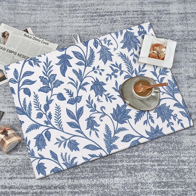 Blue Floral Print Dish Drying Mats for Kitchen Counter, Large 18"x24" Dish Mats for Drying Dishes, Microfiber Absorbent Dish Drying Pad Rack Mat Kitchen Decor Reusable Washable
