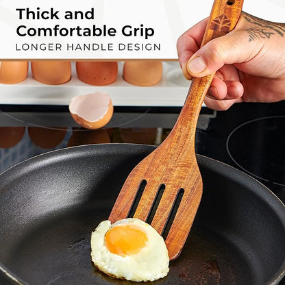 Wooden Spatula for Cooking - Natural Teak Wood Spatula for Non Stick Frying Pan - Wooden Cooking Utensils Set of 4 Including Paddle, Turner, Slotted Spurtle and Wood Scraper - Long Ergonomic Handles - Image 4
