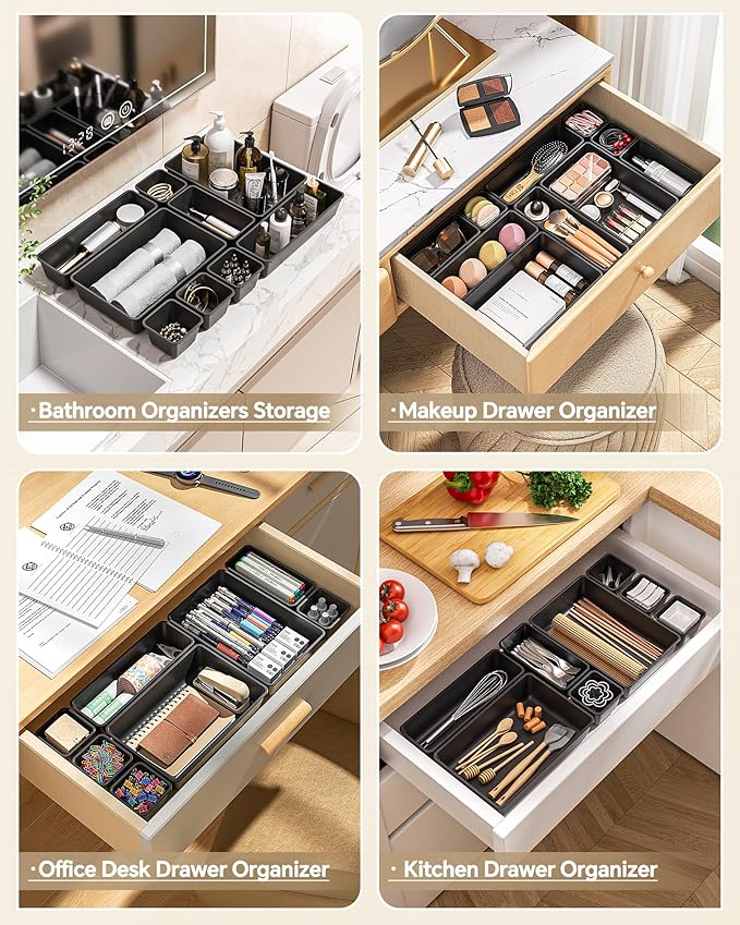 KEMETHY 25 PCS Plastic Drawer Organizers Set, 4 Sizes Vanity Organizer, Makeup and Desk Drawer Organizer Trays, Organization and Storage for Makeup, Bathroom, Kitchen Utensils and Office (Black) - Image 4