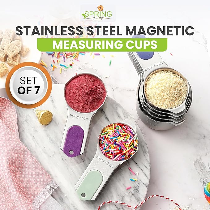Spring Chef Magnetic Stainless Steel Measuring Cups, Patented, Kitchen Tools with Easy to Read Markings for Measuring Dry or Liquid Ingredients, Set of 7, Winter Frost - Image 2