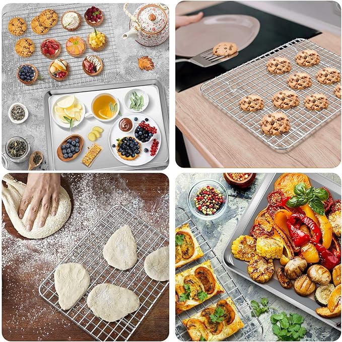 P&P CHEF 16 + 12.5 + 10.4 + 9 Inch Baking Sheet and Rack Set, 8Pcs Stainless Steel Cookie Sheets Oven Baking Pans Trays with Cooling Racks for Cooking, Oven & Dishwasher Safe, Pans with Grid Racks - Image 5