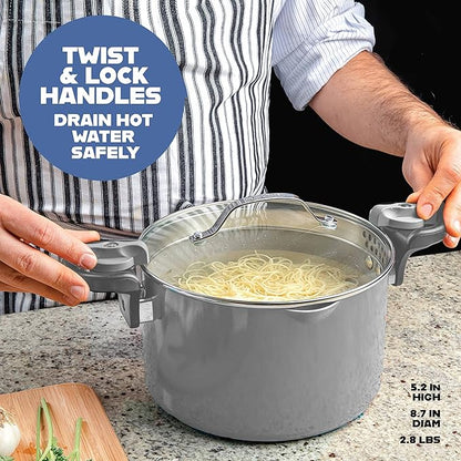 Gotham Steel 5 Quart Stock Pot Multipurpose Pasta Pot with Strainer Lid & Twist and Lock Handles, Ceramic Nonstick Cooking Pots + Pasta Strainer Lid, Spaghetti Pot, Dishwasher Safe