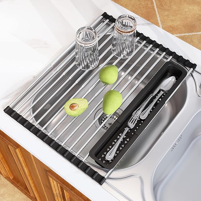 JASIWAY Roll Up Dish Drying Rack, Expandable (12.8"-23.8" D x 12.8" W) Stainless Steel Portable Over The Sink Dish Drainer for Kitchen Sink Counter, Foldable Sink Cover with Removable Utensil Holder - Image 2