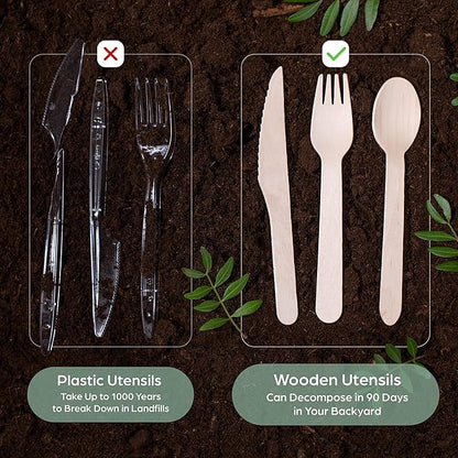 PURPLECLAY Wooden Disposable Utensils Set, 300 Pieces | Wrapped Utensils and Napkins, 100 Sets | Compostable Silverware for Parties | Eco Friendly, Plastic-Free Alternative to Bamboo Cutlery - Image 7
