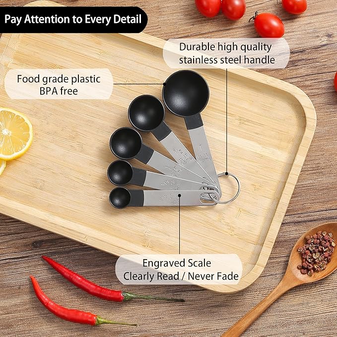 Measuring Cups and Spoons Set of Huygens Kitchen Gadgets 10 Pieces, Stackable Stainless Steel Handle Measuring Cups for Measuring Dry and Liquid Ingredient (Black) - Image 3