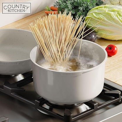 Country Kitchen Cookware Set with Removable Handle, Oven & RV Safe Pots and Pans Set, Cream Gold Speckle Wood Handle, Original - Image 8
