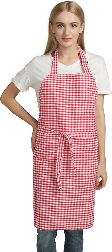 Vintage Gingham Kitchen Aprons Chef Bib Canvas Aprons Christmas Holiday Home Decorative 100% Pure Cotton Aprons in Large Size with Pockets Adjustable Neck Strap Long Ties Aprons(Red)